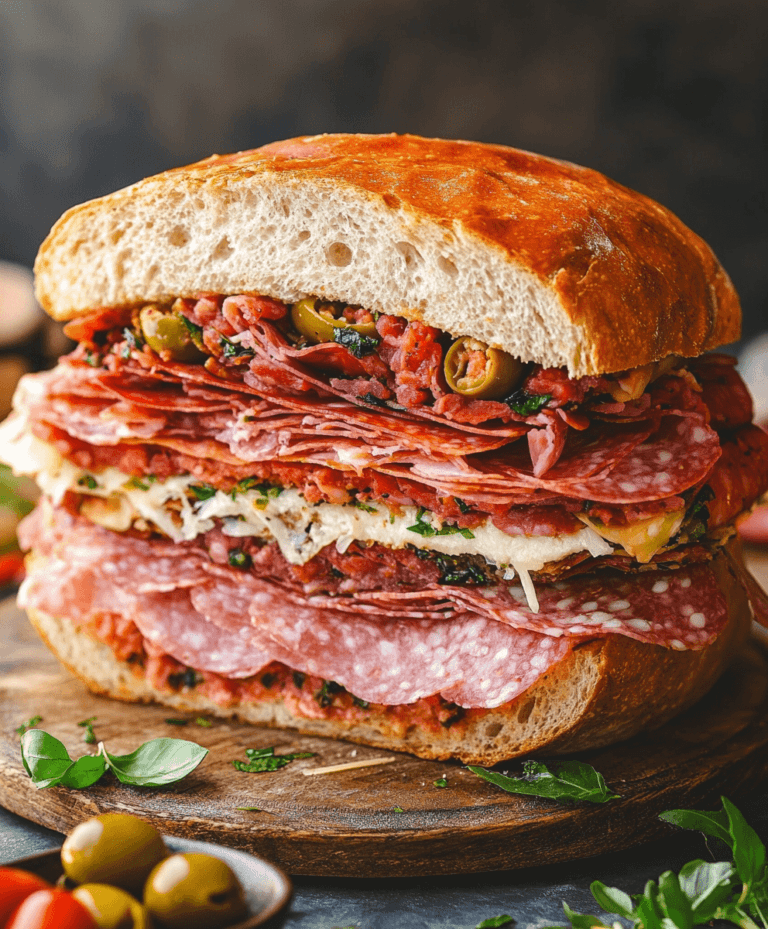 Giant Muffaletta Italian Sandwich with cured meats and olive salad