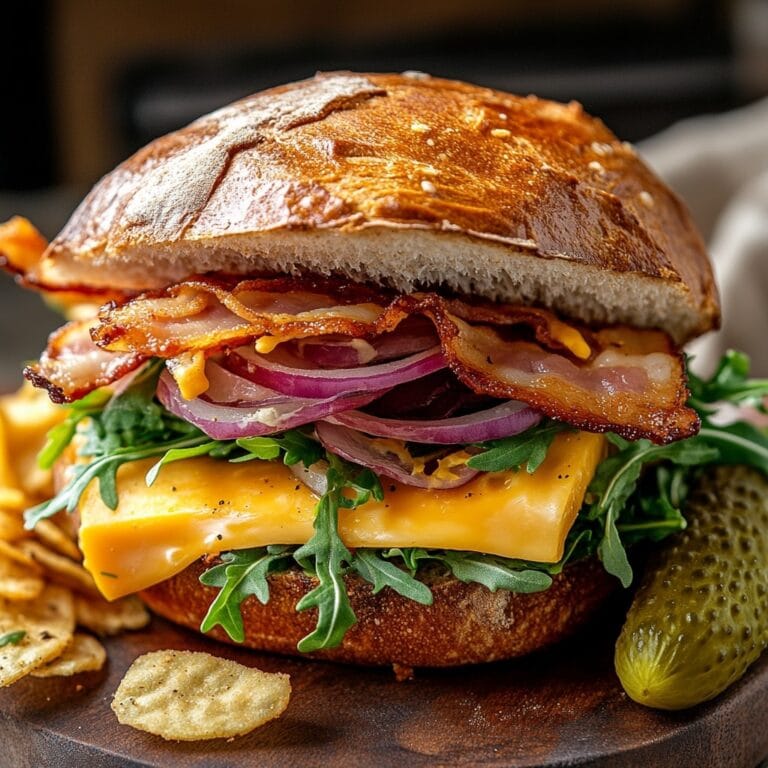 A rustic knob sandwich with crispy bacon, melted cheddar, fresh arugula, and mustard, layered inside a crusty artisan roll and served on a wooden board.