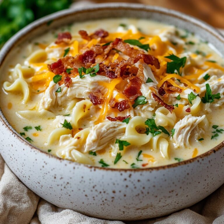 A bowl of creamy crack chicken noodle soup topped with crispy bacon, shredded cheese, and green onions, served with a spoon on a rustic napkin.