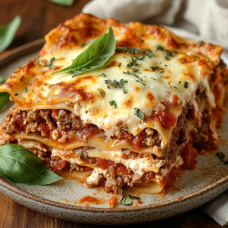 Baked San Giorgio lasagna served in a white ceramic dish, showing layers of noodles, beef, ricotta, and melted mozzarella, topped with herbs and golden cheese.